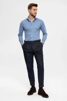 Men's Navy Blue High Waist Double Pleated  Trousers - Wessi