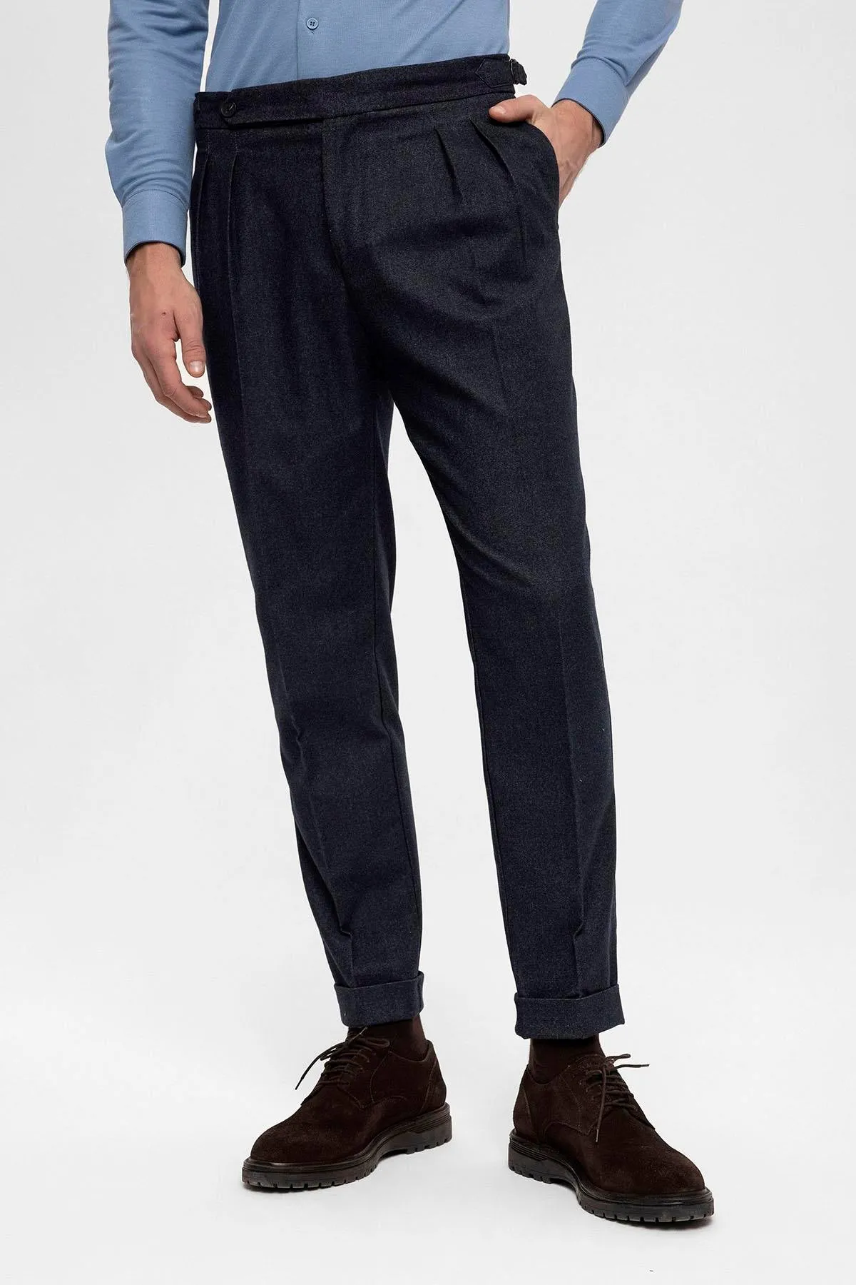 Men's Navy Blue High Waist Double Pleated  Trousers - Wessi