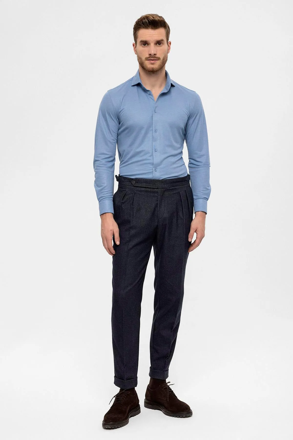 Men's Navy Blue High Waist Double Pleated  Trousers - Wessi