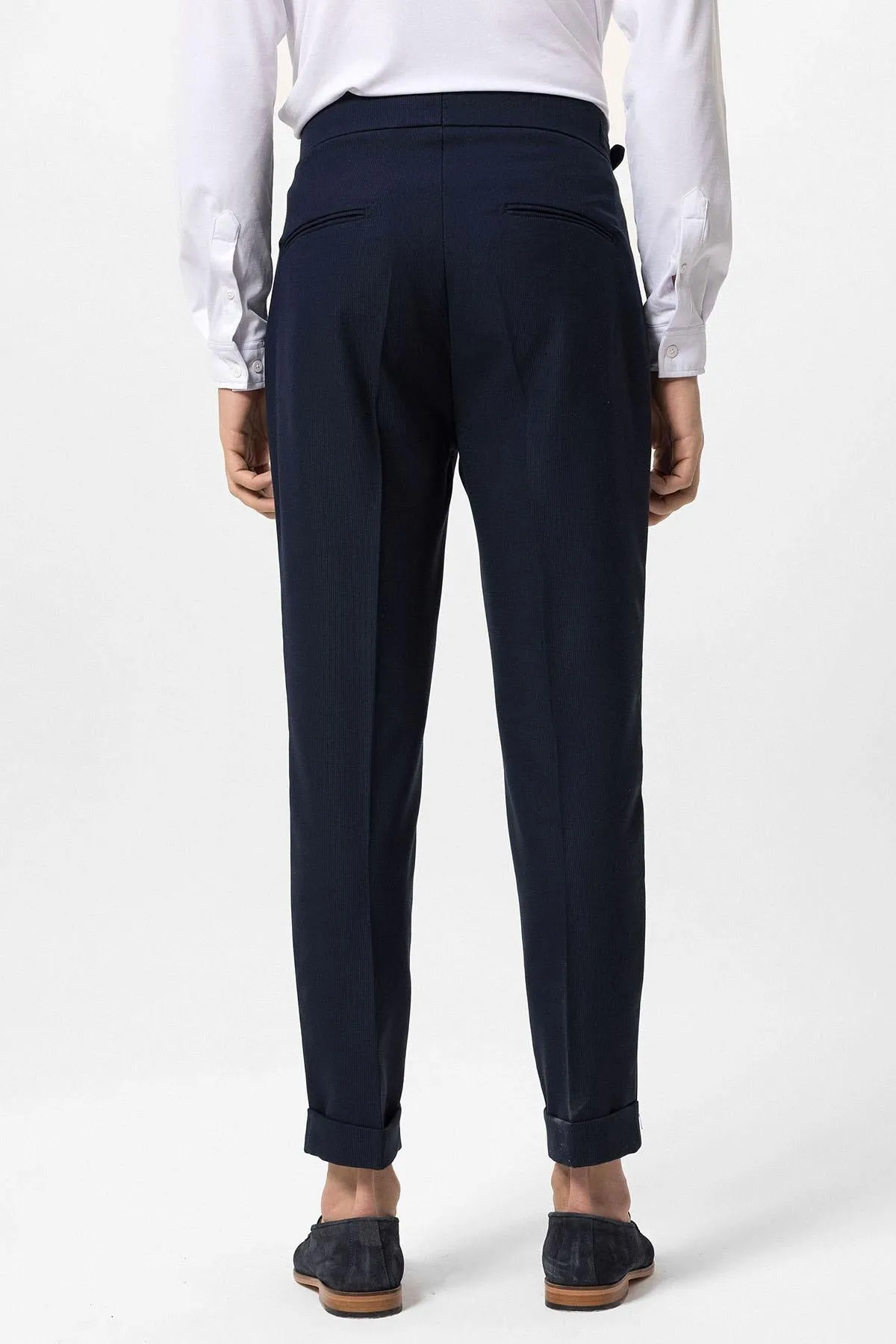 Men's Navy Blue High-Waisted Pleated Buckle Detail  Pants - Wessi