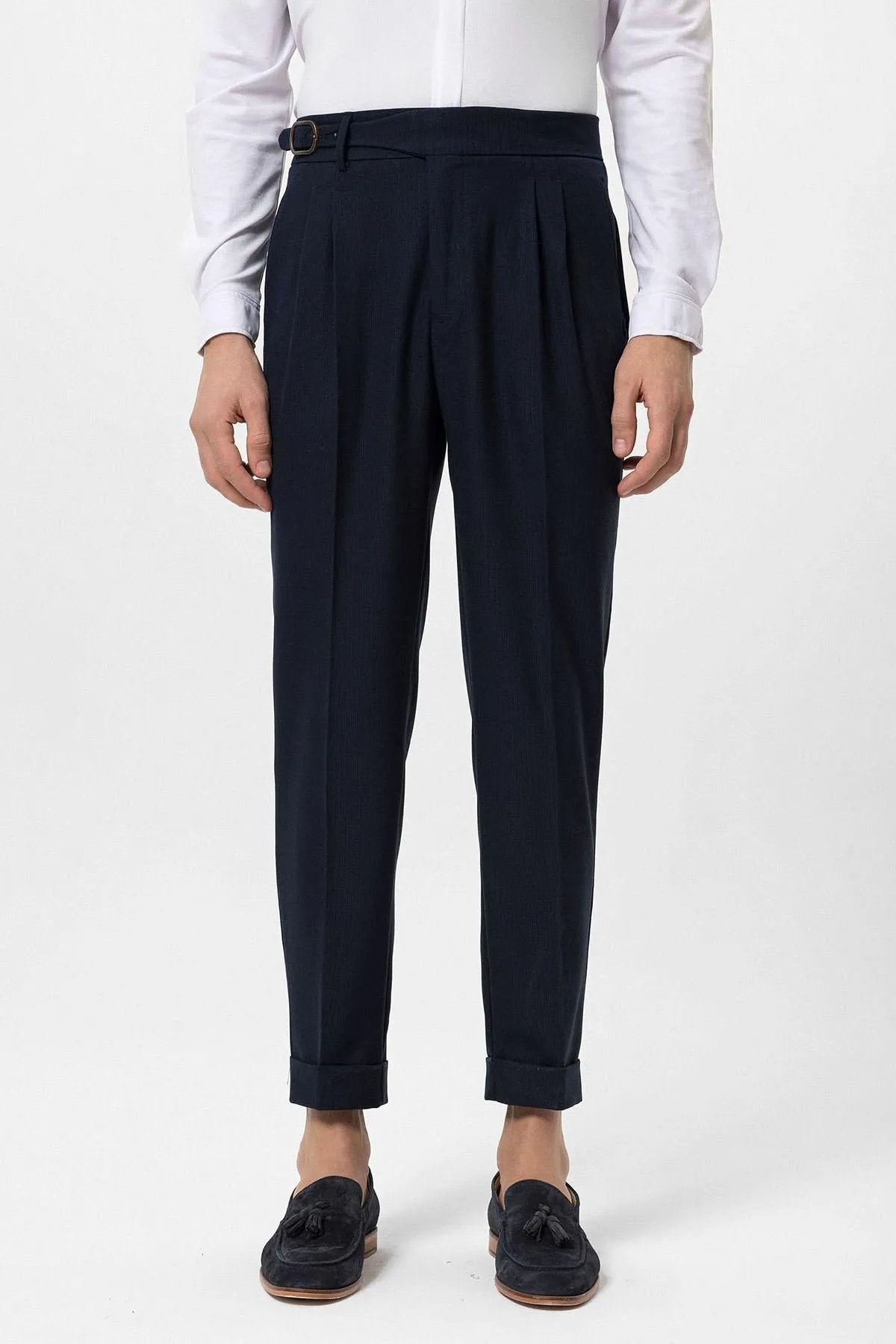 Men's Navy Blue High-Waisted Pleated Buckle Detail  Pants - Wessi