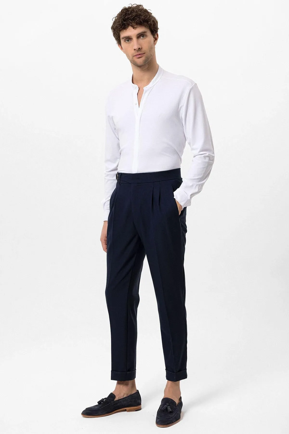 Men's Navy Blue High-Waisted Pleated Buckle Detail  Pants - Wessi