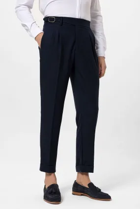Men's Navy Blue High-Waisted Pleated Buckle Detail  Pants - Wessi
