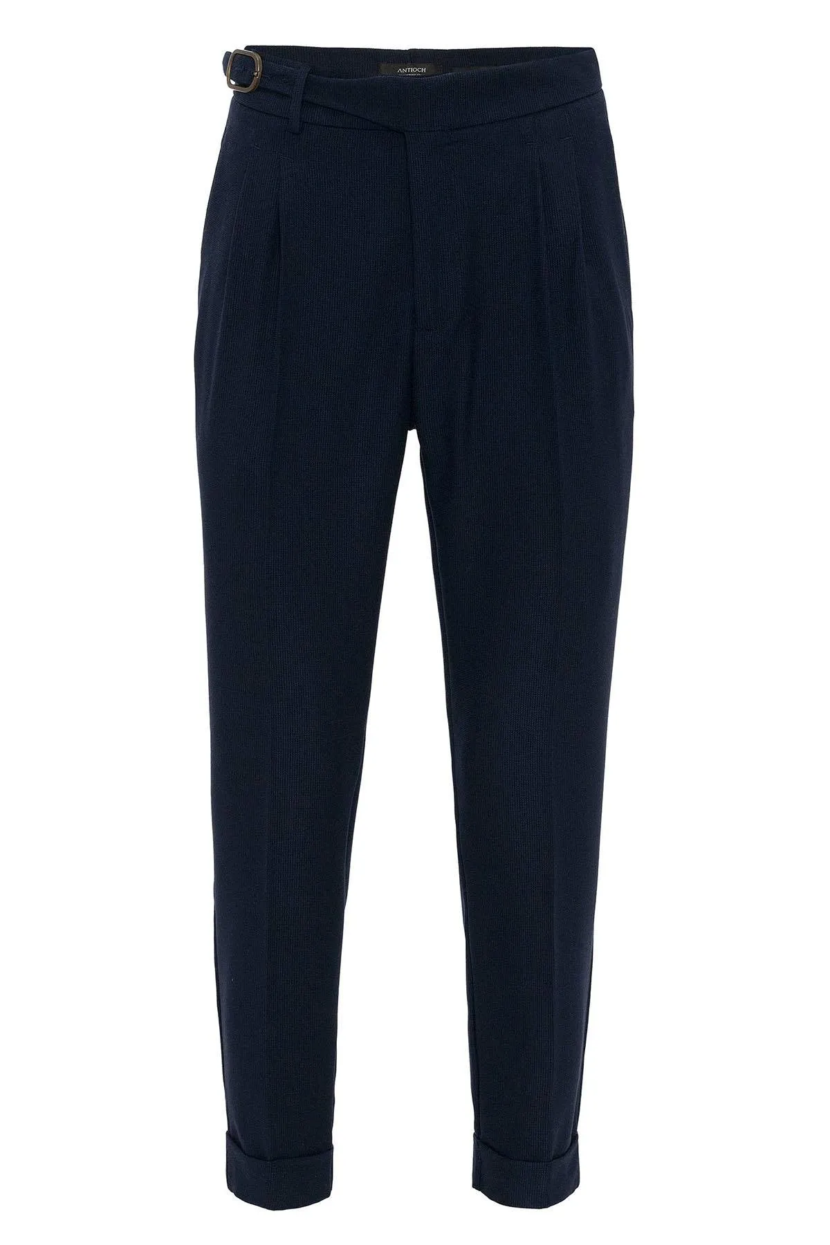 Men's Navy Blue High-Waisted Pleated Buckle Detail  Pants - Wessi