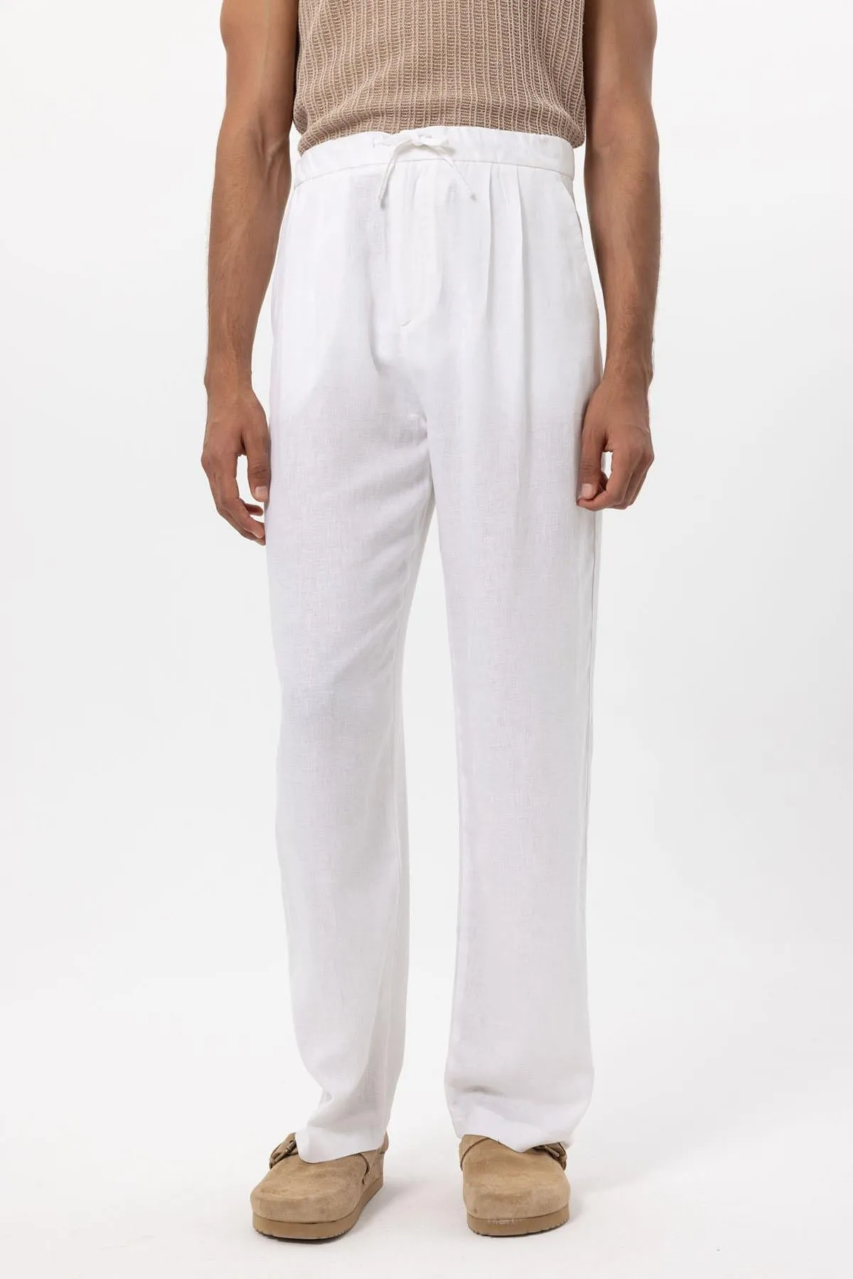 Men's White Belted Linen Blend Pants - Wessi