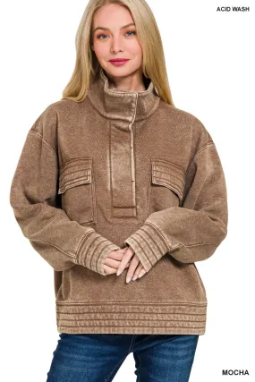 Mocha Acid Wash Half Snap Button Front Fleece Sweatshirt