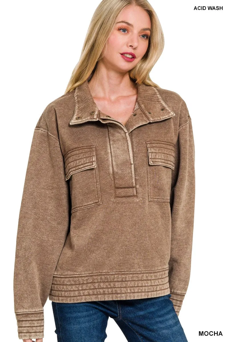 Mocha Acid Wash Half Snap Button Front Fleece Sweatshirt