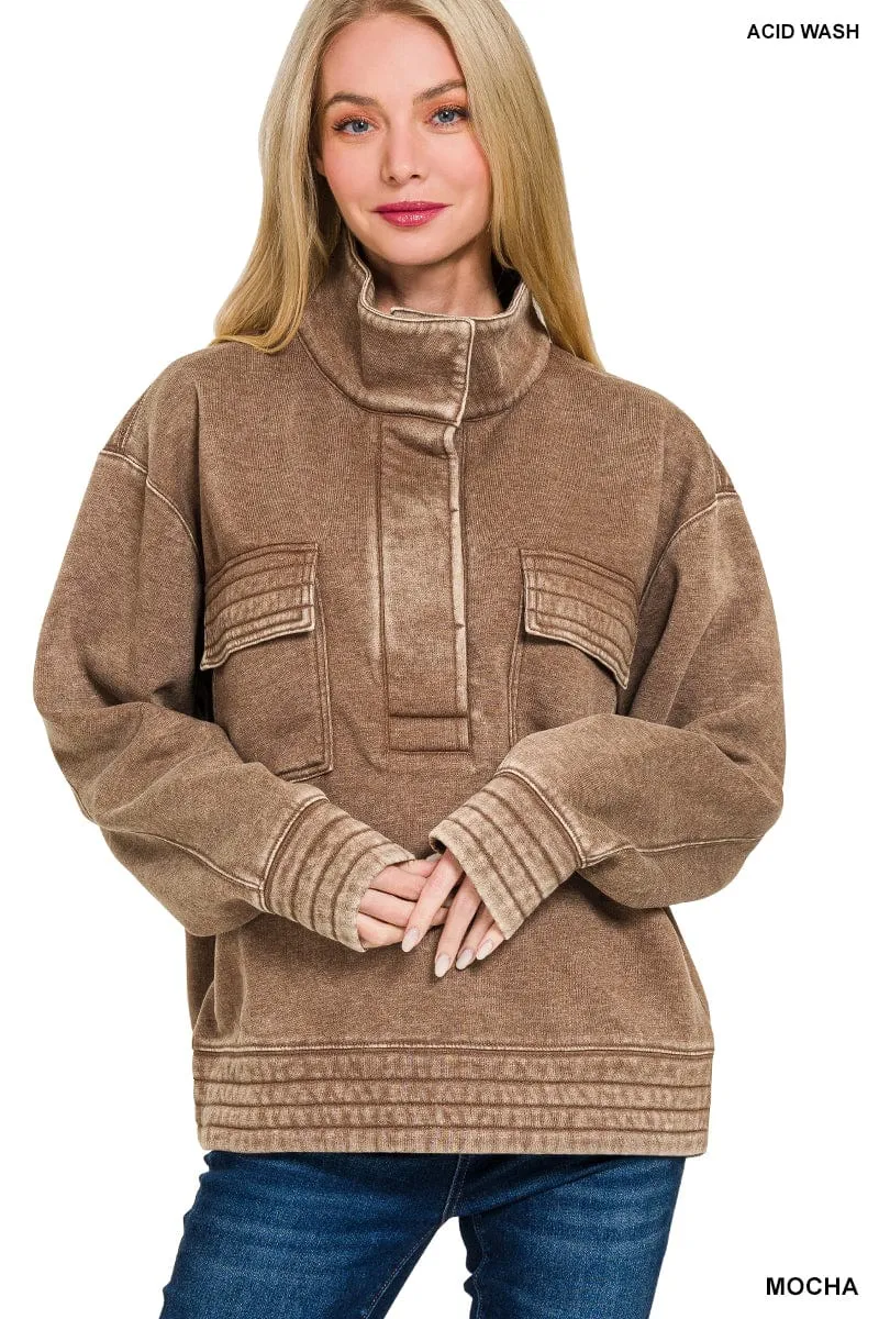 Mocha Acid Wash Half Snap Button Front Fleece Sweatshirt