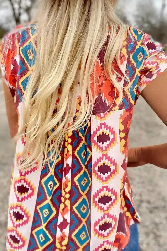 Multicolor Floral Aztec Geometric Cap Sleeve Top