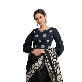 Navy Blue Designer Blouse with Bishop Sleeves