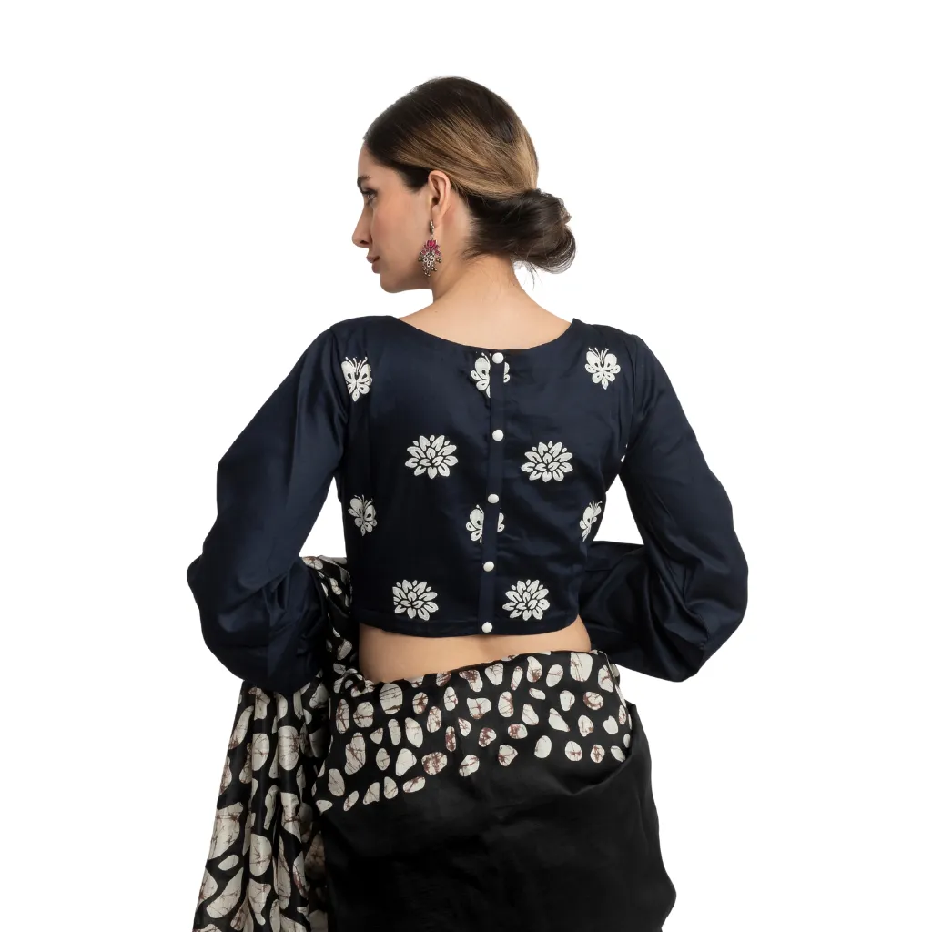 Navy Blue Designer Blouse with Bishop Sleeves