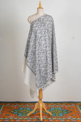Noir Paisley Hand-Embroidered Sozni Merino Wool Shawl
