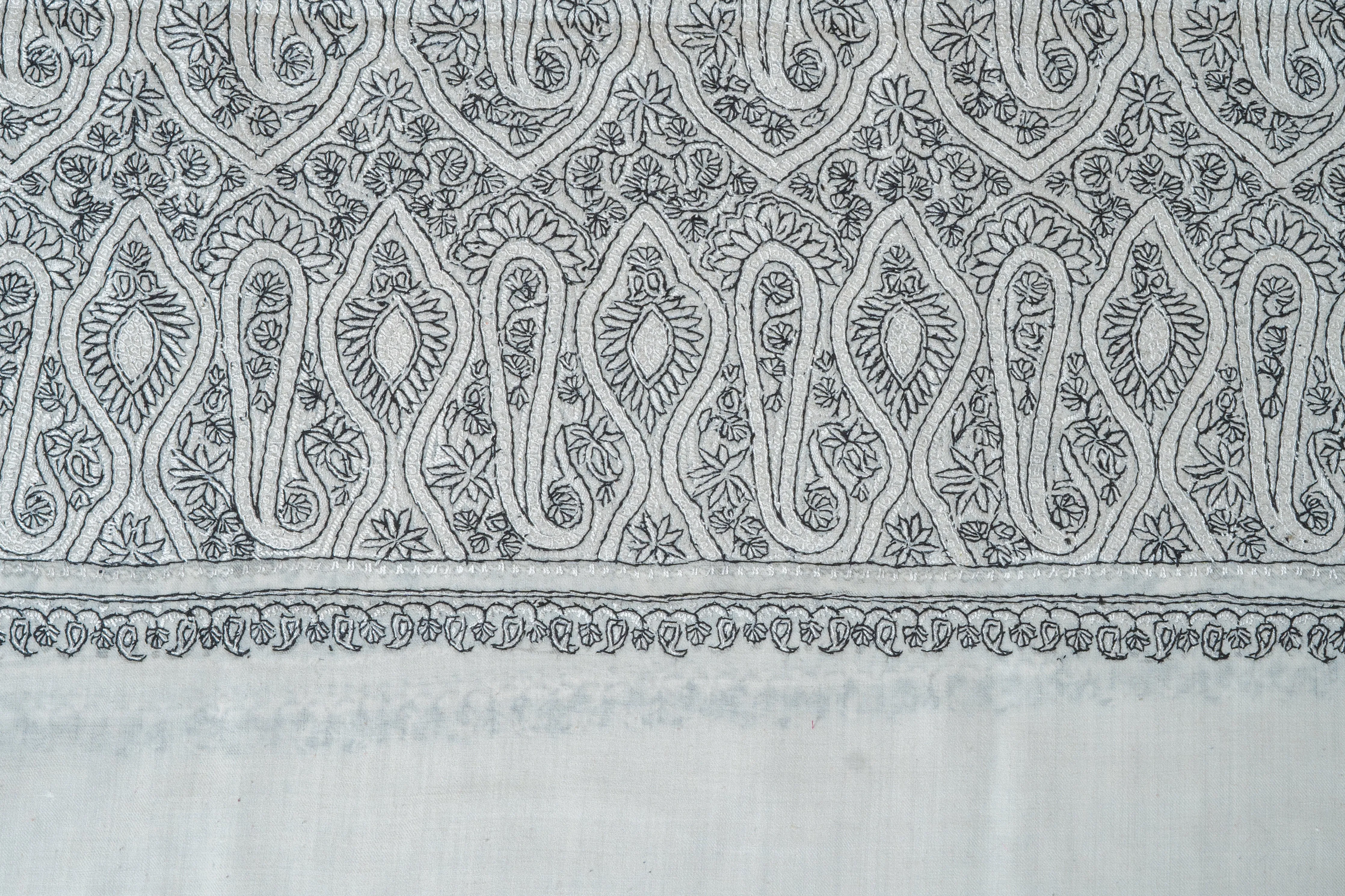 Noir Paisley Hand-Embroidered Sozni Merino Wool Shawl