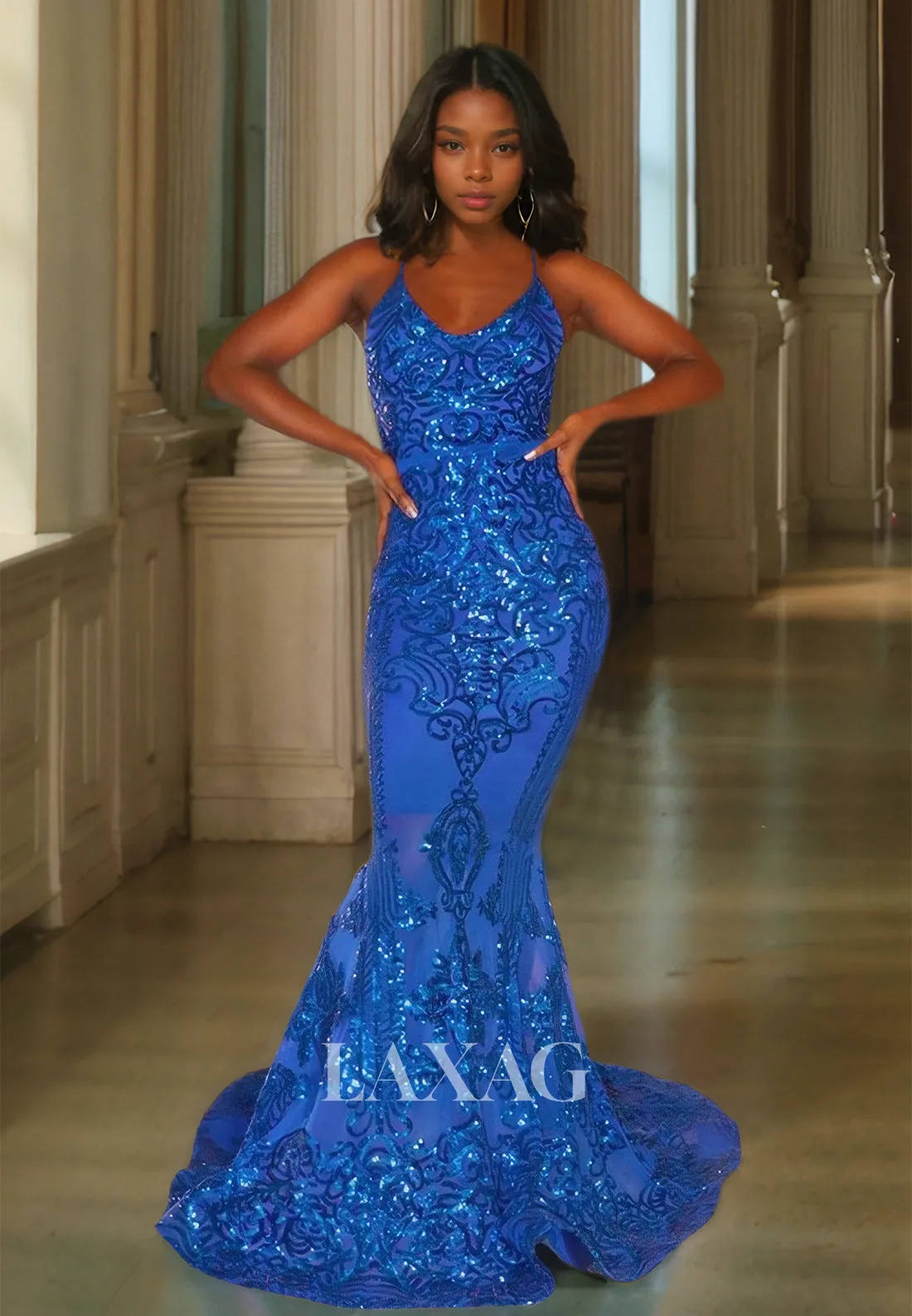 Off-Sholder V-Neck Sequined Lace Evening Gowns Spaghetti Straps Sheer Mermaid Prom Dress