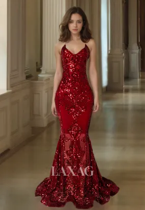 Off-Sholder V-Neck Sequined Lace Evening Gowns Spaghetti Straps Sheer Mermaid Prom Dress