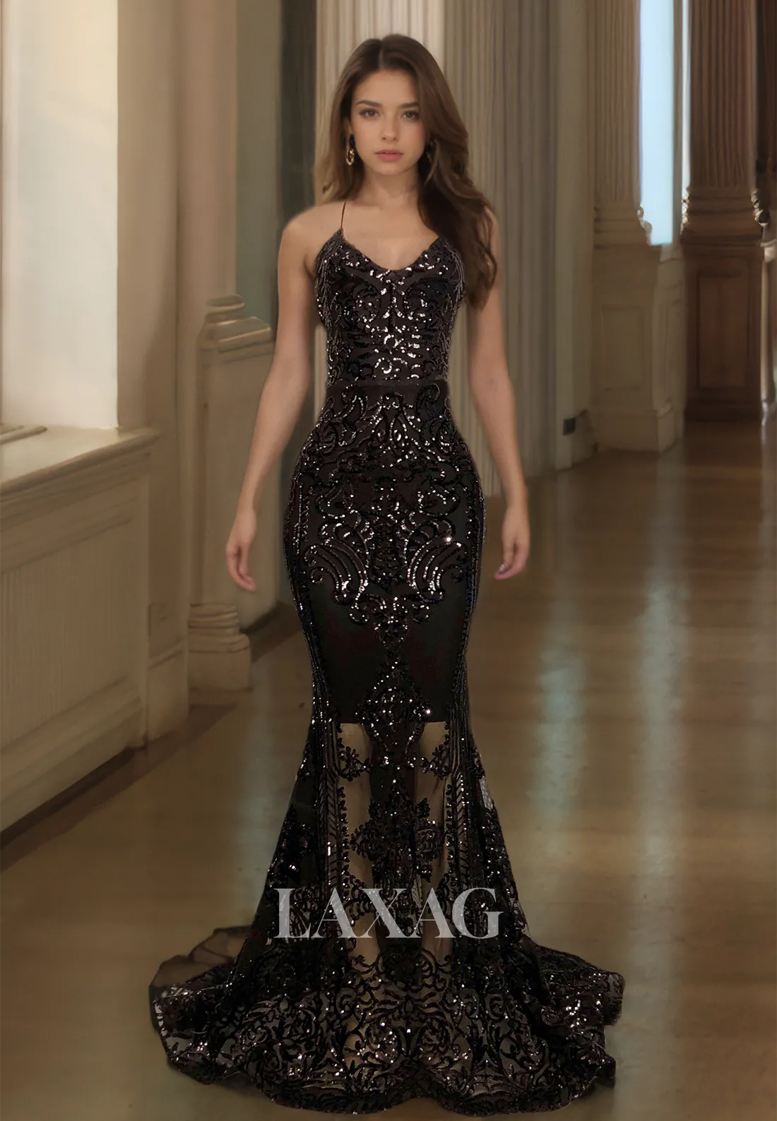 Off-Sholder V-Neck Sequined Lace Evening Gowns Spaghetti Straps Sheer Mermaid Prom Dress