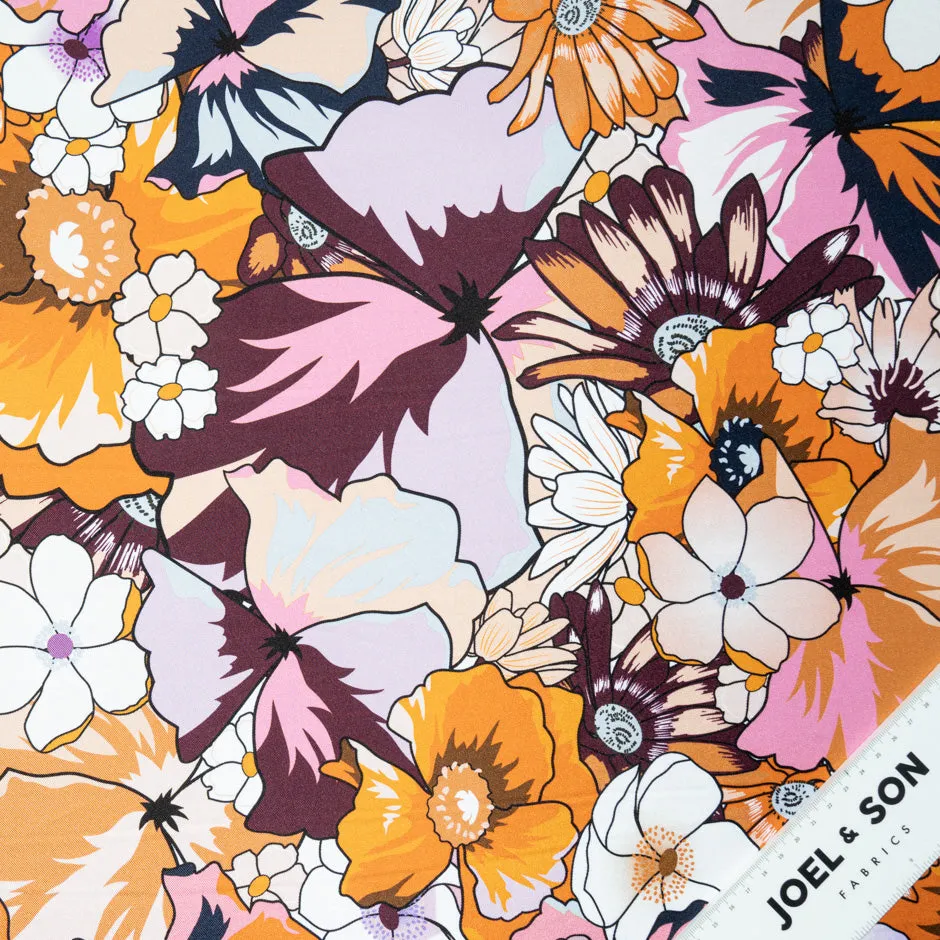 Orange & Pink Retro Floral Printed Pure Silk Twill
