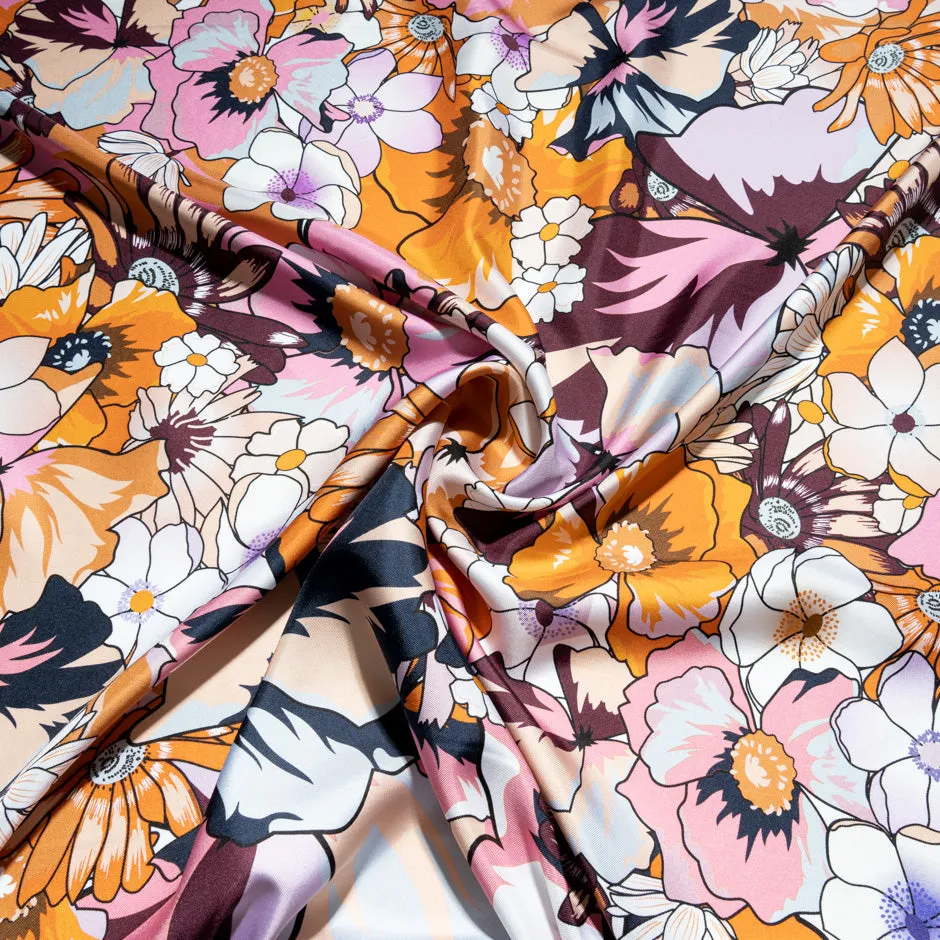 Orange & Pink Retro Floral Printed Pure Silk Twill