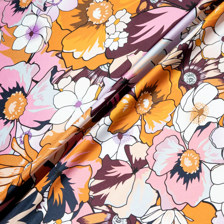 Orange & Pink Retro Floral Printed Pure Silk Twill