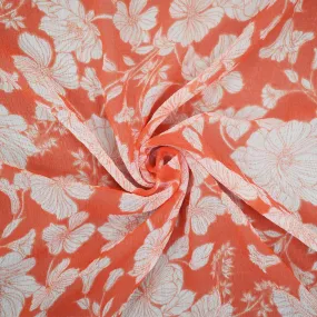 Orange-Ivory Floral Printed Poly Yoryu Chiffon Woven Fabric