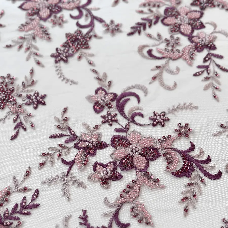 Pink-Purple 3D Beaded Embroidery Soft Tulle Lace Fabric