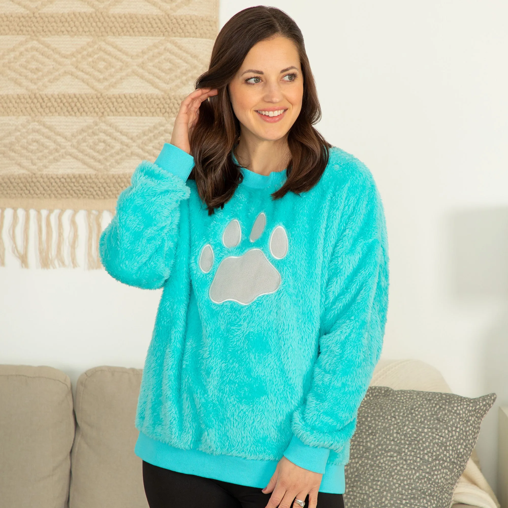 Plush Sherpa Fleece Paw Print Crewneck Pullover