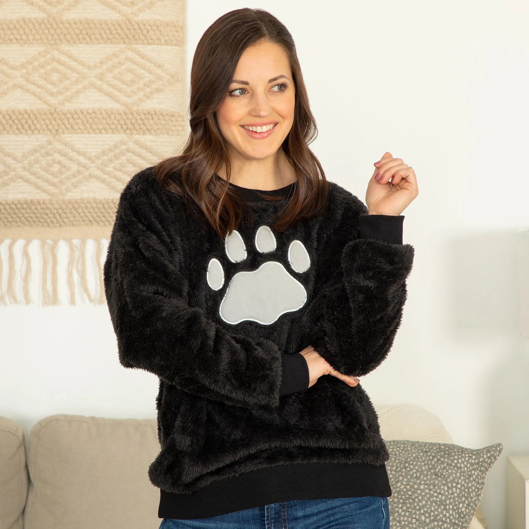 Plush Sherpa Fleece Paw Print Crewneck Pullover