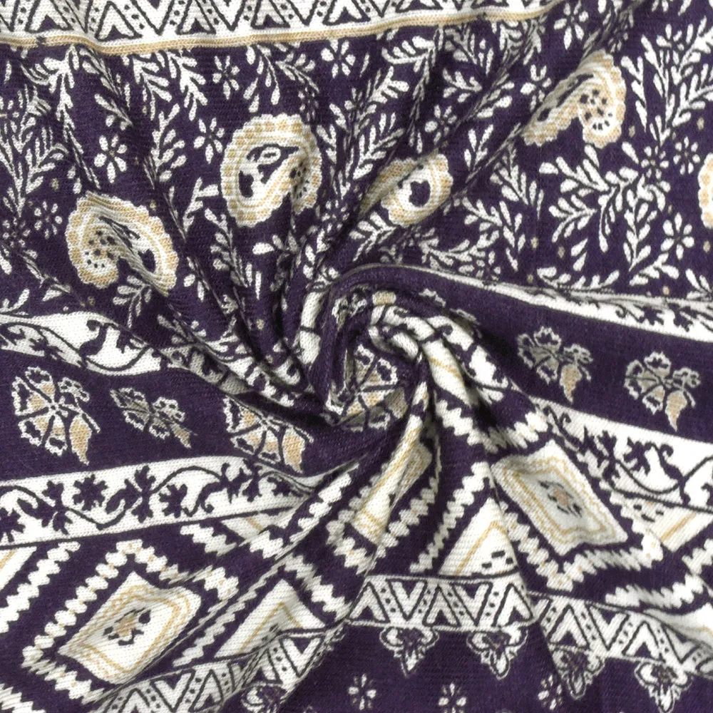 Purple-Ivory-Beige Mixed Pattern Printed Rayon Stretch Jersey Knit Fabric