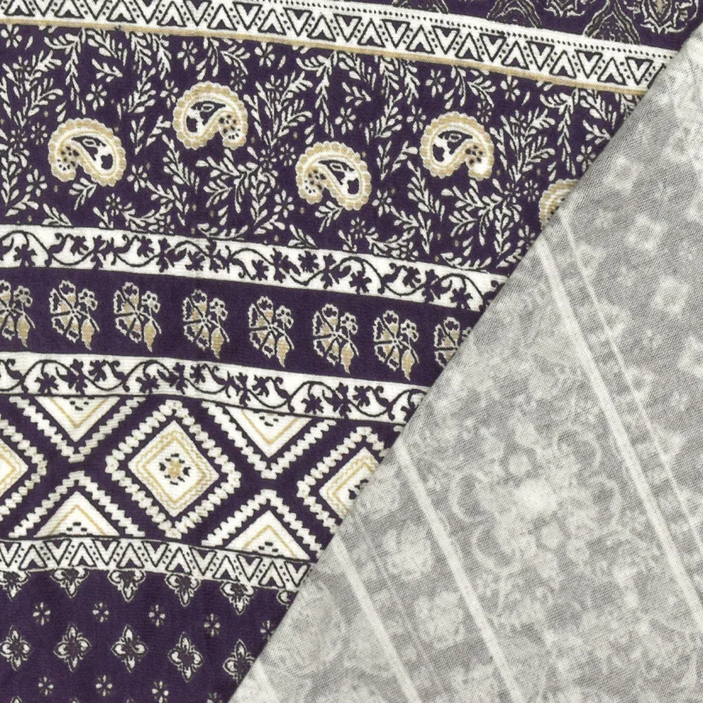 Purple-Ivory-Beige Mixed Pattern Printed Rayon Stretch Jersey Knit Fabric