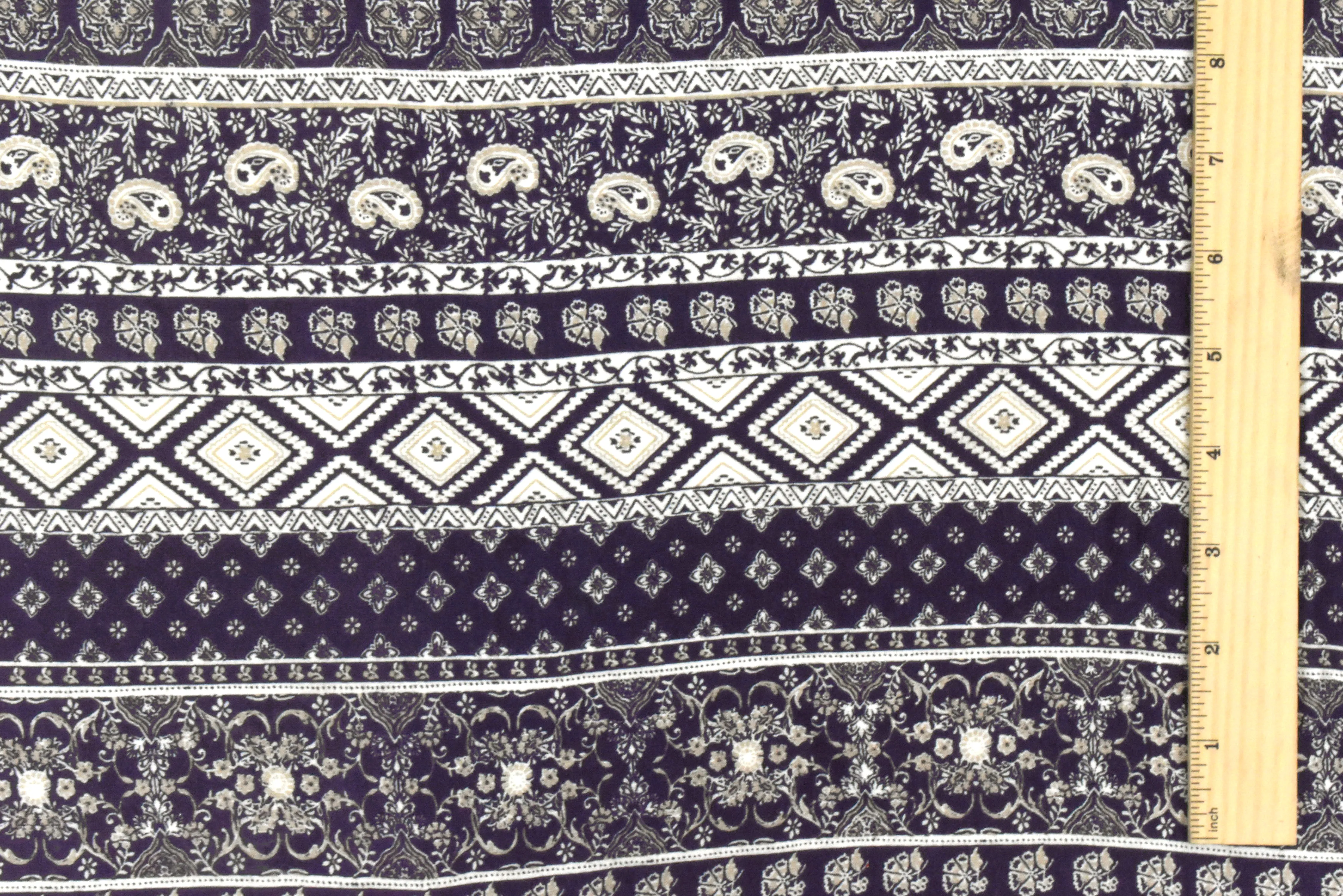 Purple-Ivory-Beige Mixed Pattern Printed Rayon Stretch Jersey Knit Fabric