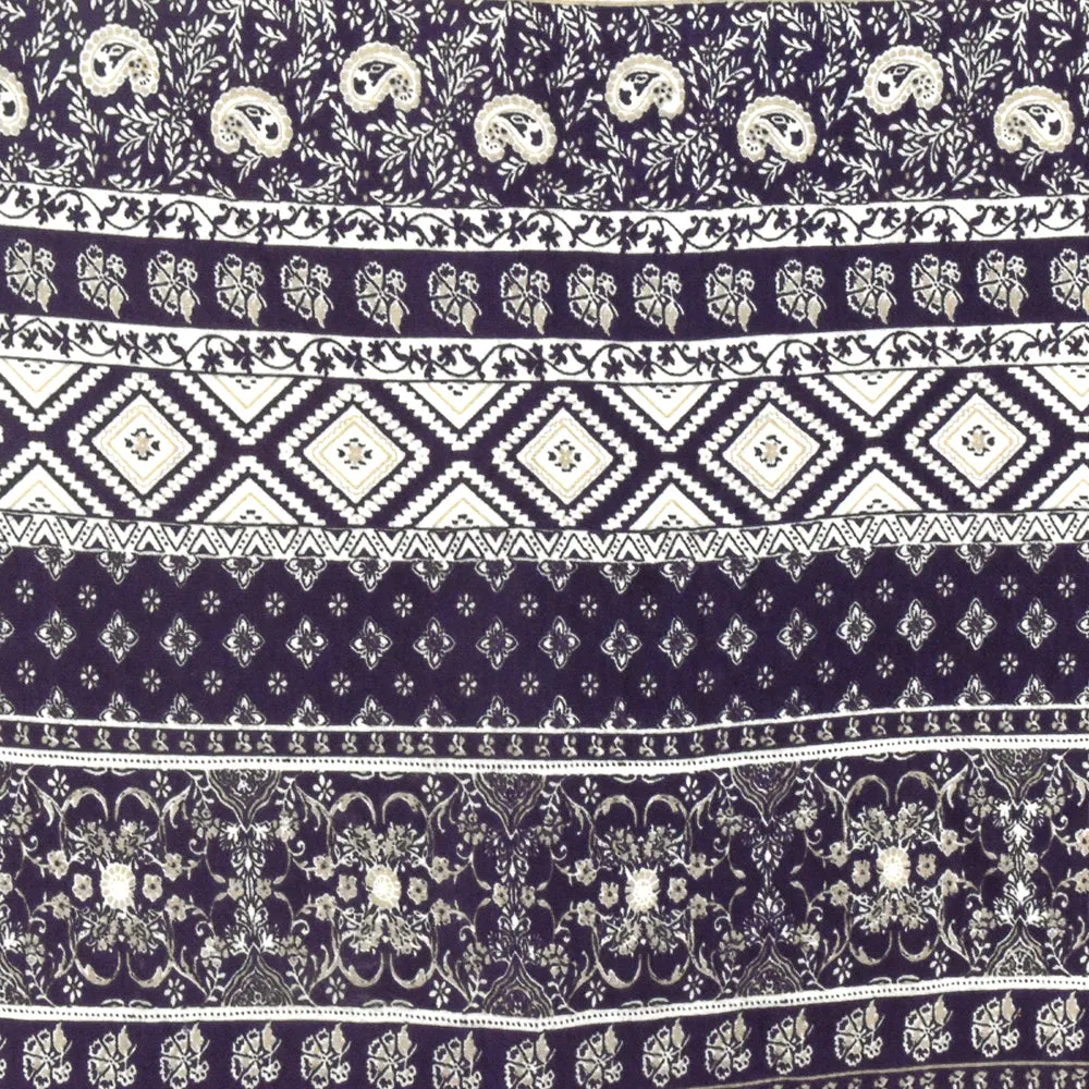 Purple-Ivory-Beige Mixed Pattern Printed Rayon Stretch Jersey Knit Fabric
