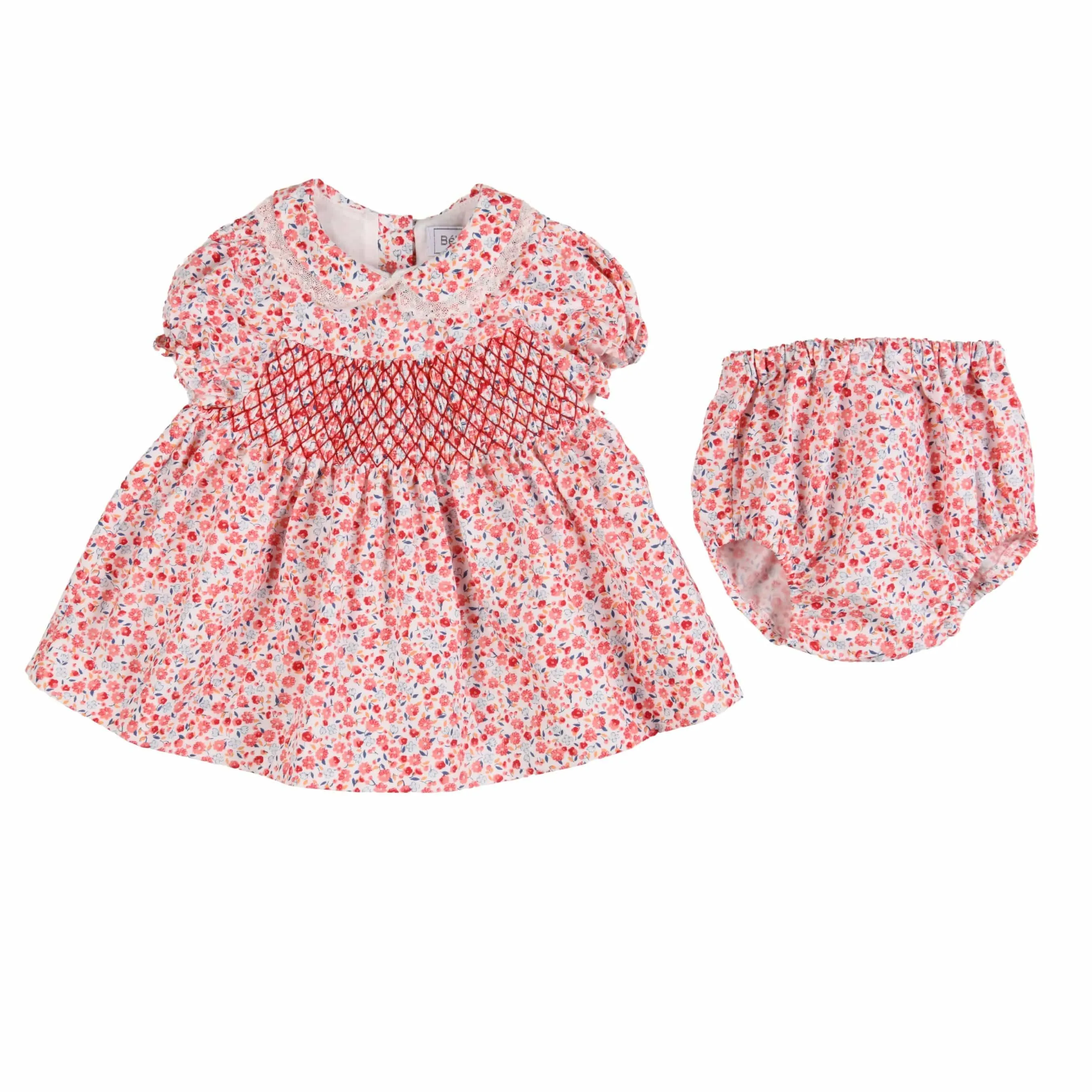 Red Cotton Smocked Floral Dress - Agathe