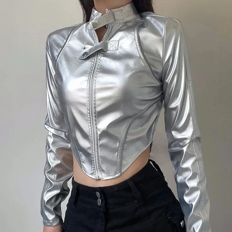 Reflective Stripe Spliced PU Leather Jacket