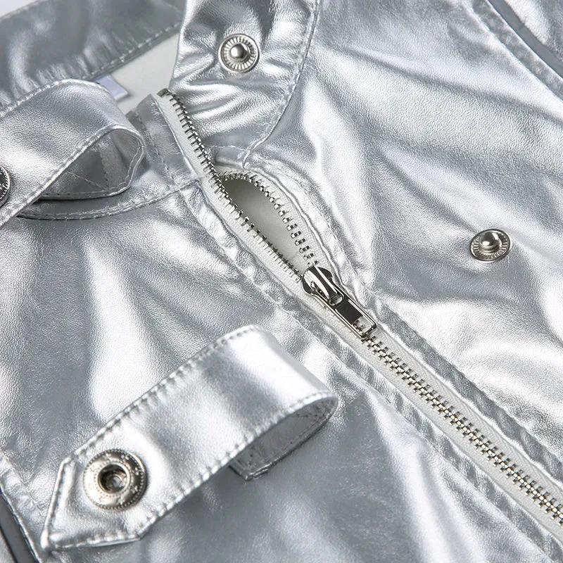 Reflective Stripe Spliced PU Leather Jacket