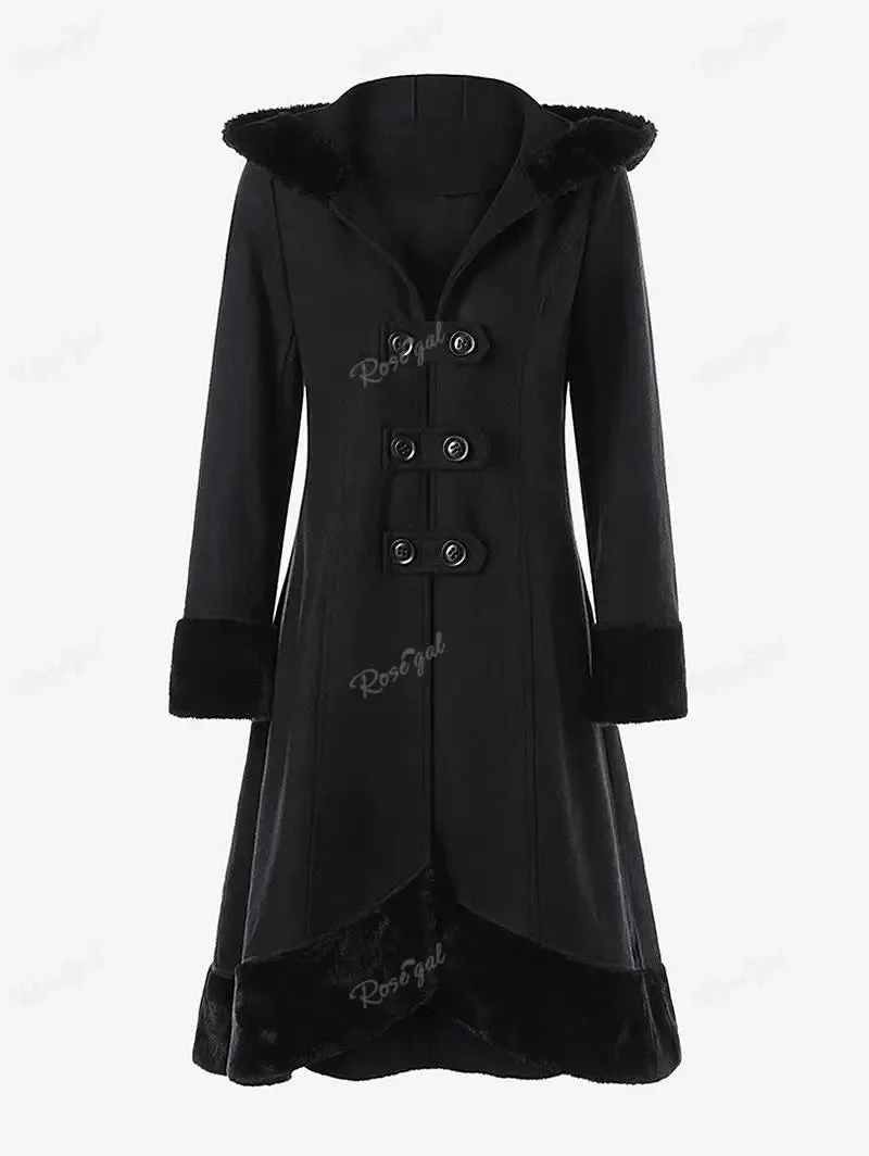 ROSEGAL Neue Schwarz Gothic Tops Outwear Mäntel Lace Up Zurück Pelz Panel Tasten Mit Kapuze Lange Ärmel Mantel Frauen Herbst Winter Jacke