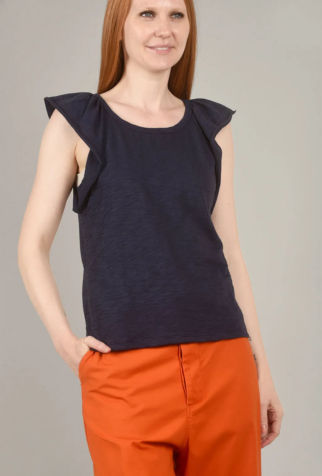 Ruffle Sleeve Raglan Tee, Navy