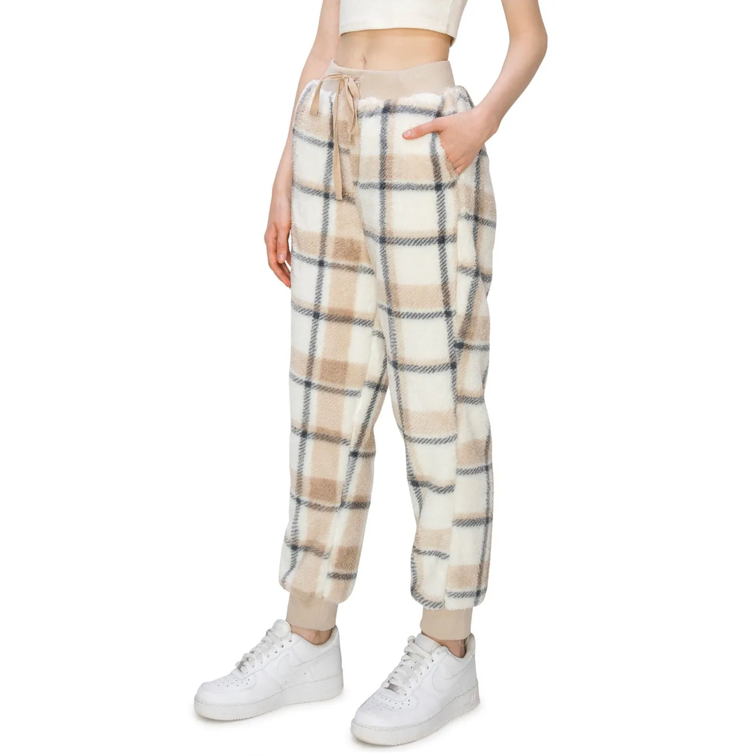 Sherpa Plaid Joggers Sweatpants - Khaki