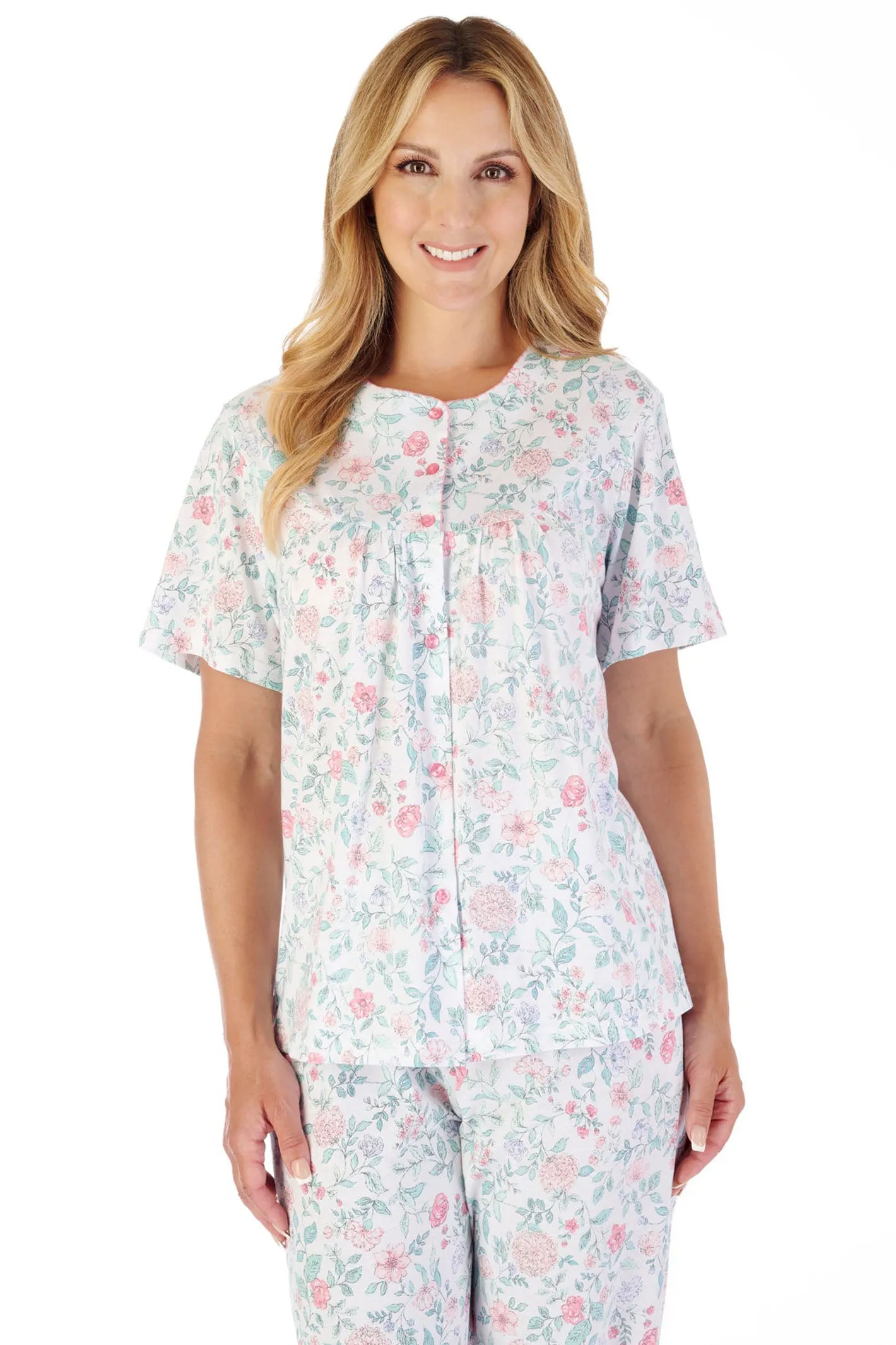 Slenderella PJ03134 Pink Trailing Floral Jersey Pyjamas