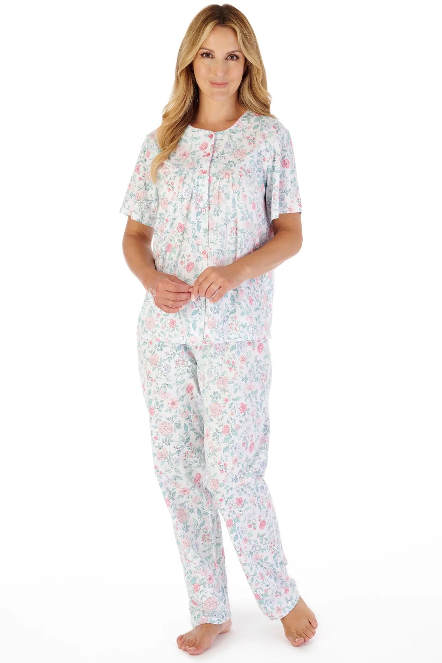 Slenderella PJ03134 Pink Trailing Floral Jersey Pyjamas