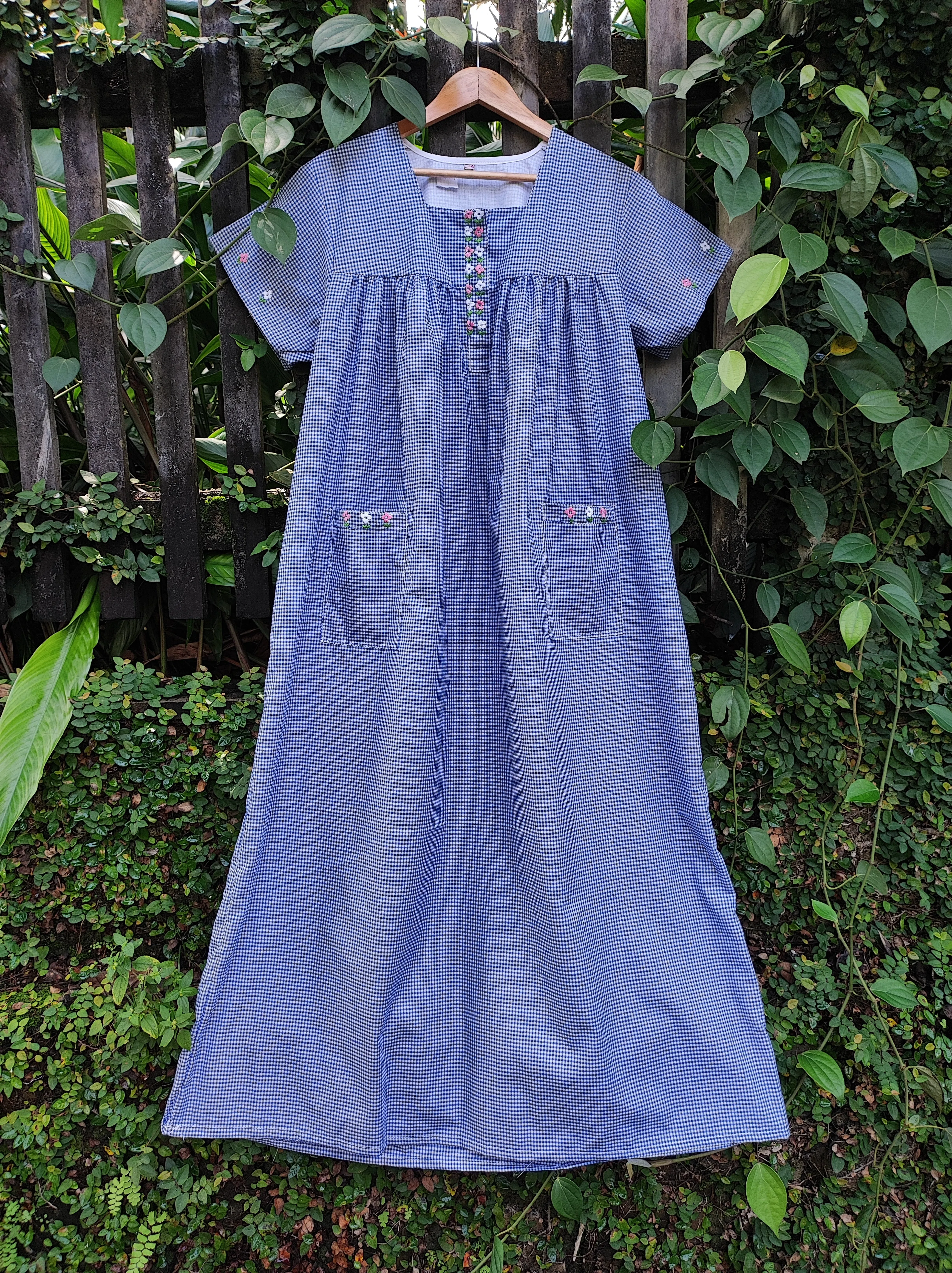 Stripe & Gingham Mixed Floral Embroidered Nighty