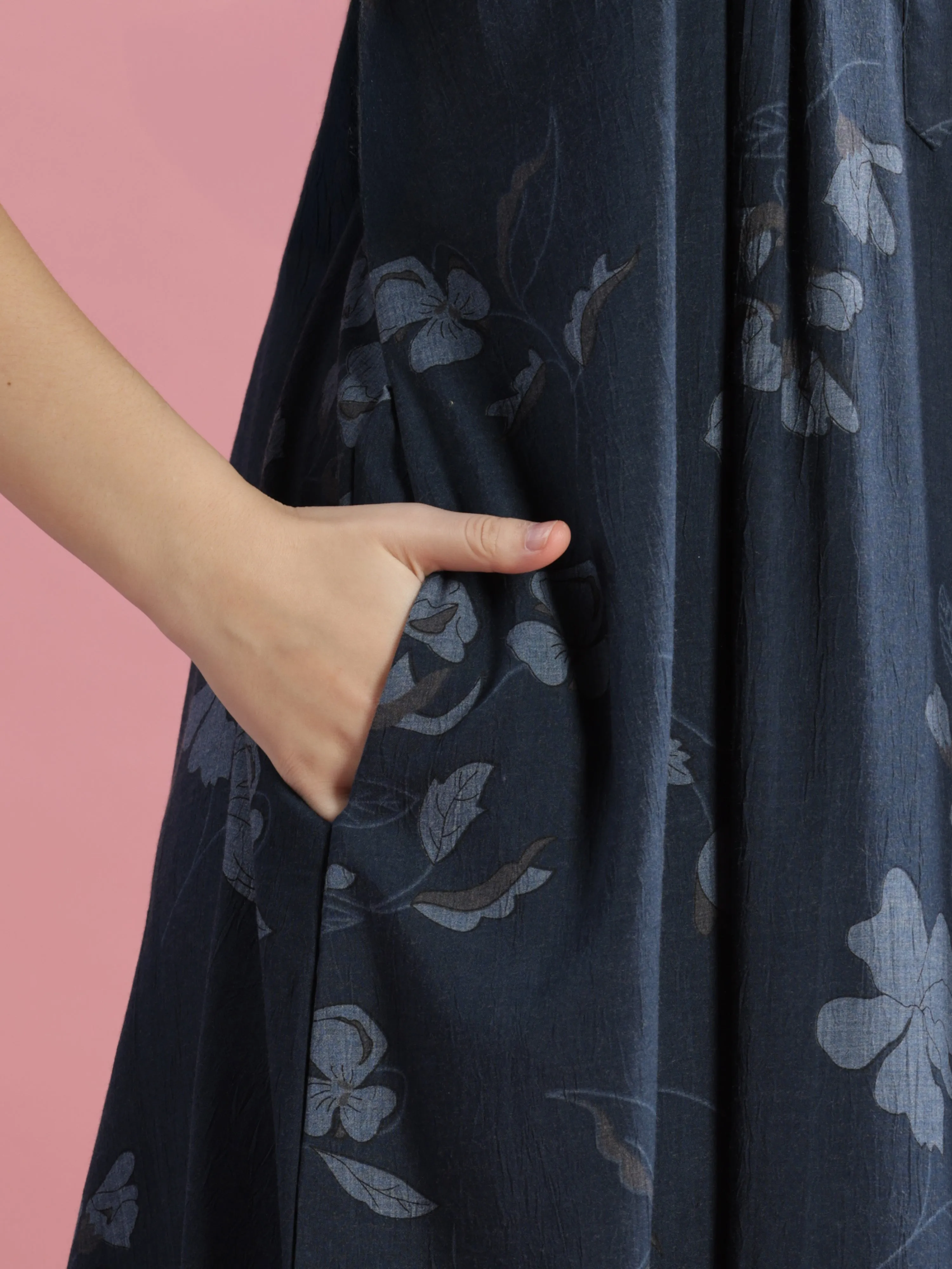 Teal Blue Cotton Nighty with Floral Print, Buttons & Pocket