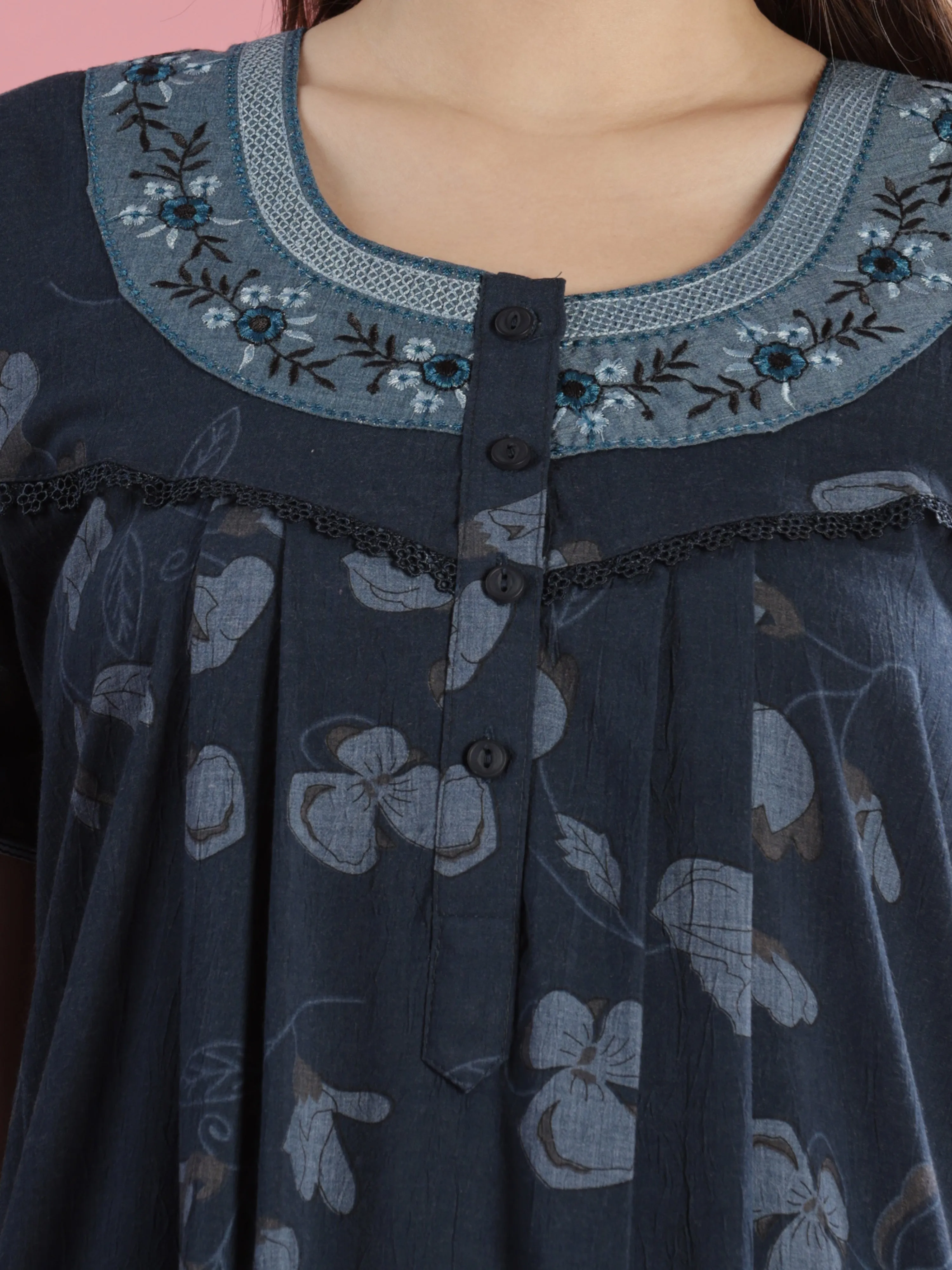 Teal Blue Cotton Nighty with Floral Print, Buttons & Pocket