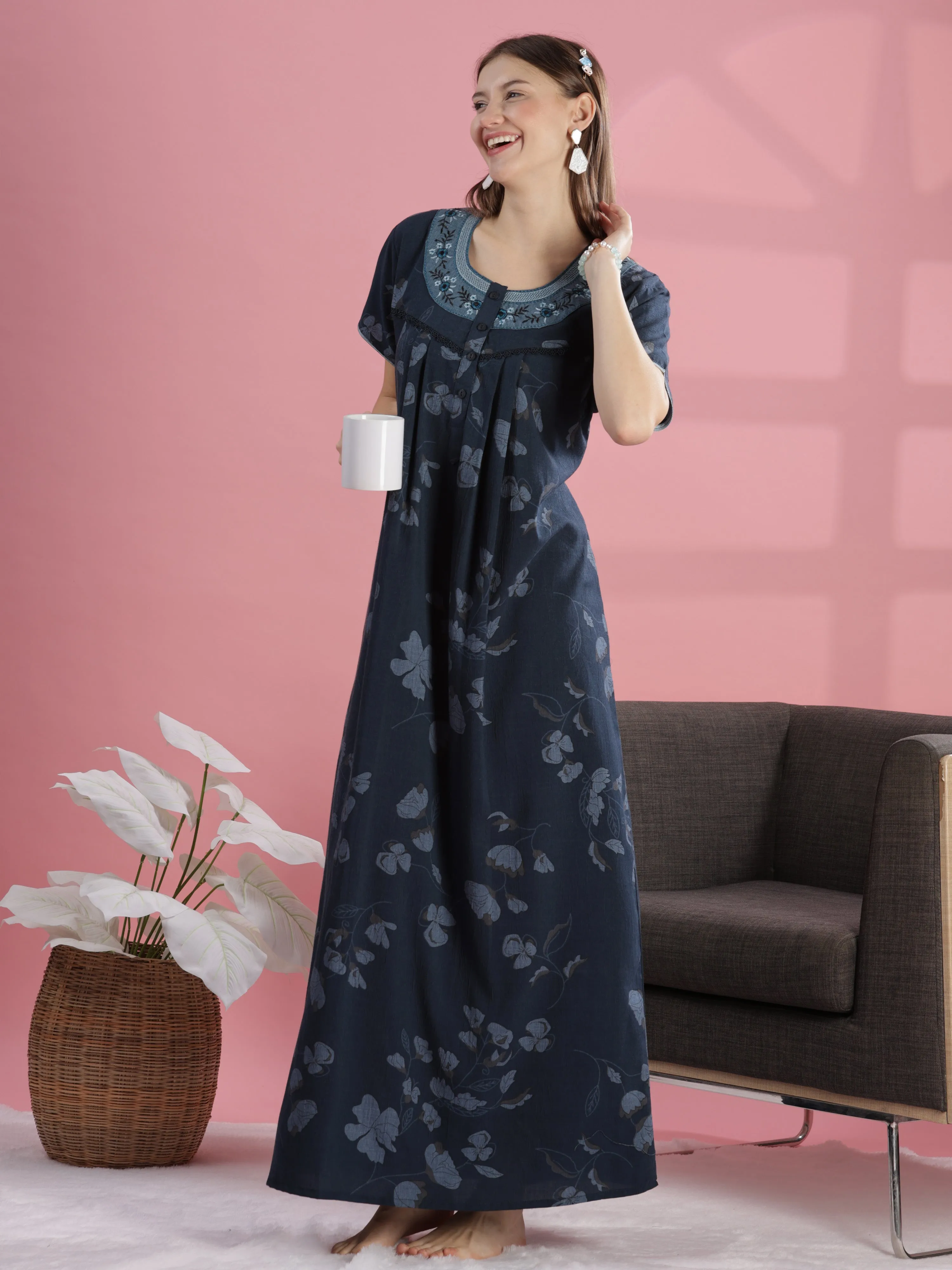 Teal Blue Cotton Nighty with Floral Print, Buttons & Pocket
