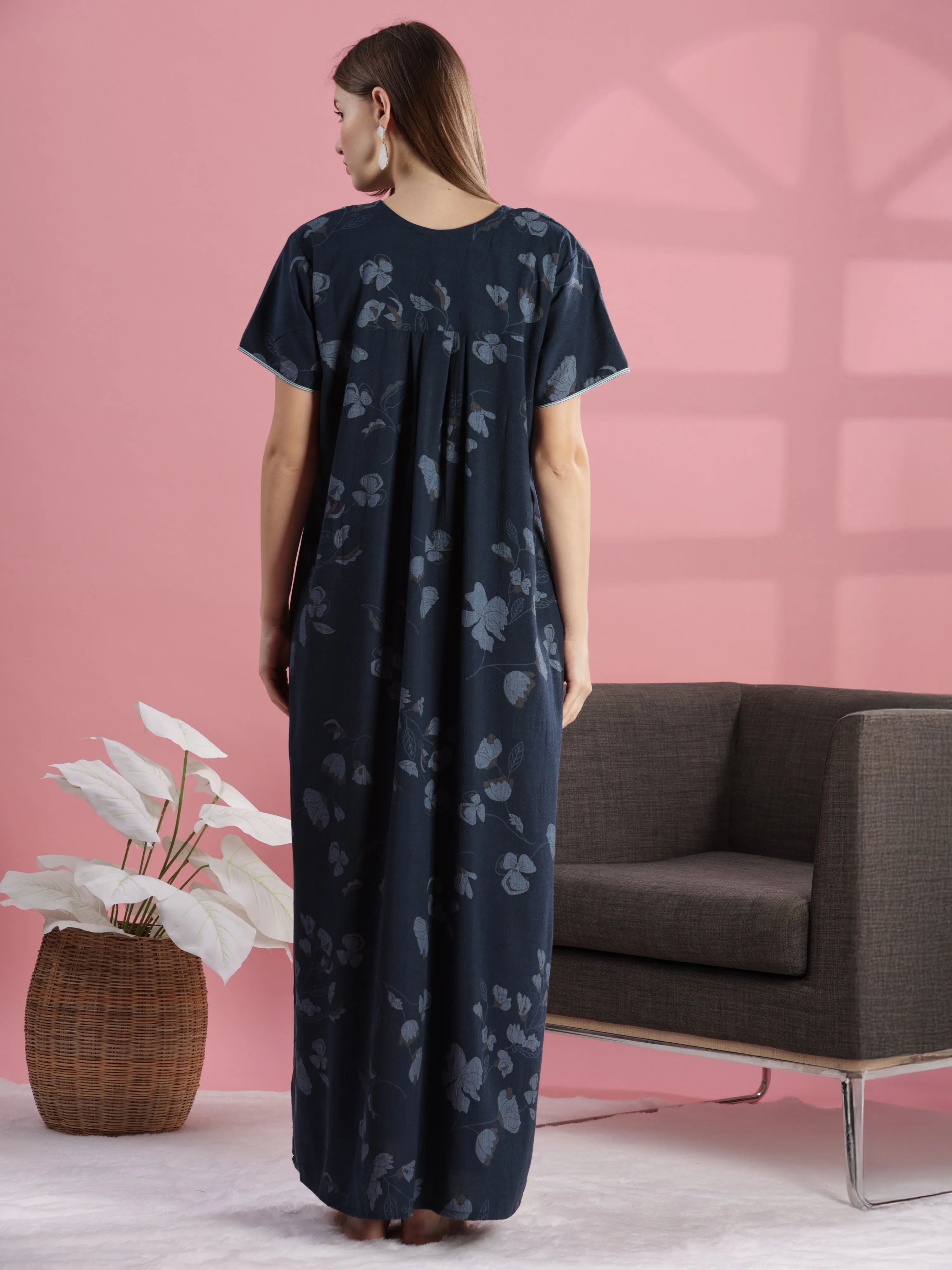 Teal Blue Cotton Nighty with Floral Print, Buttons & Pocket