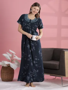 Teal Blue Cotton Nighty with Floral Print, Buttons & Pocket