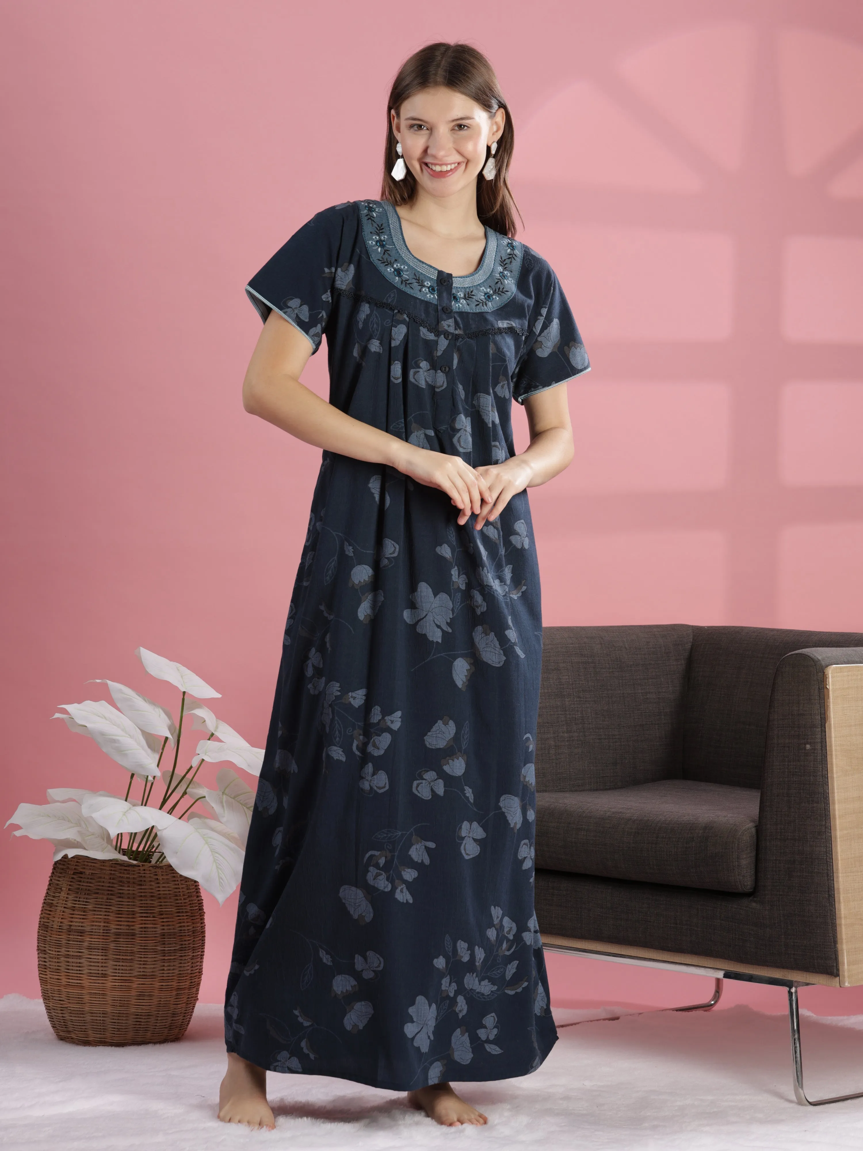Teal Blue Cotton Nighty with Floral Print, Buttons & Pocket