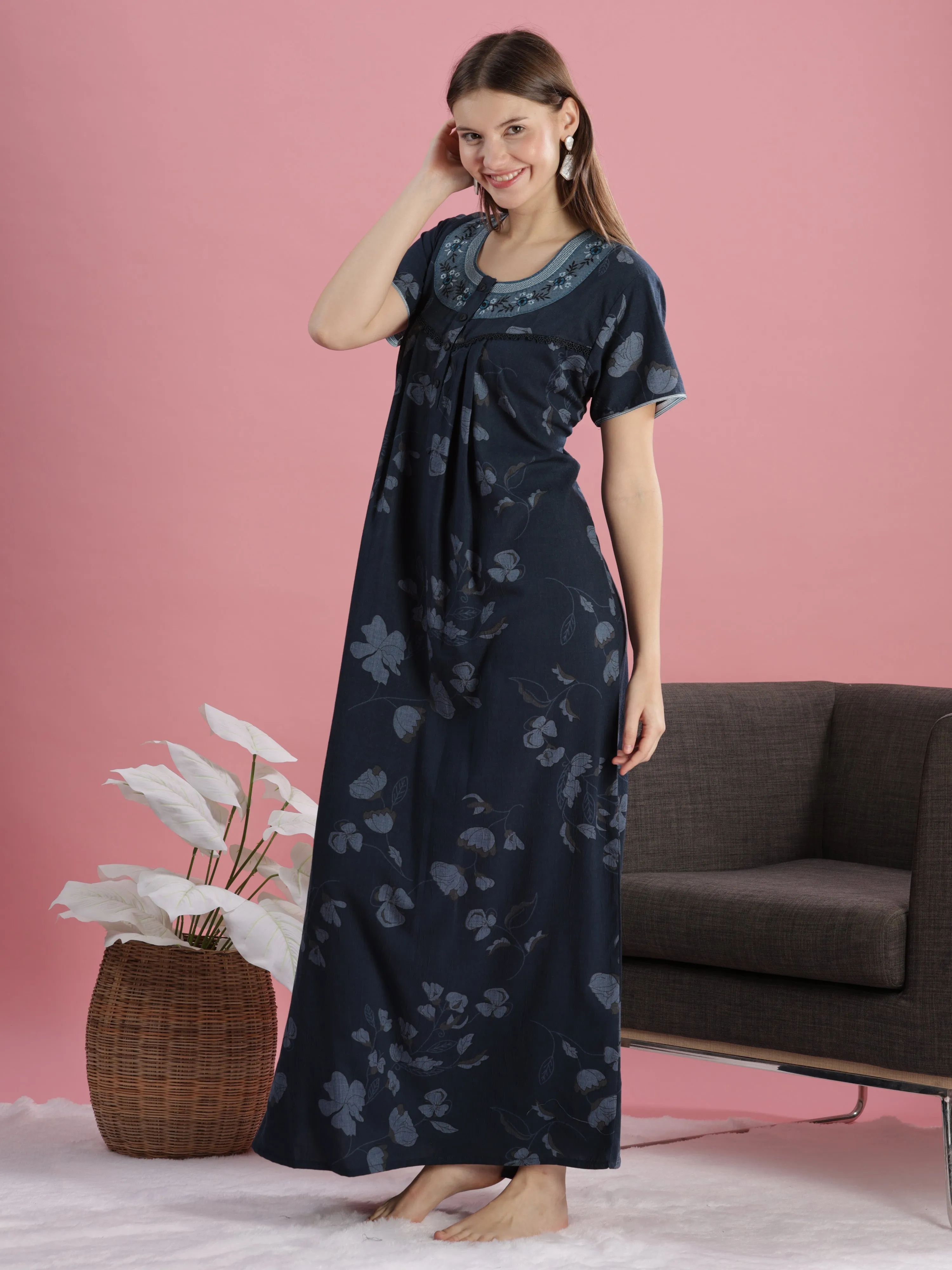 Teal Blue Cotton Nighty with Floral Print, Buttons & Pocket