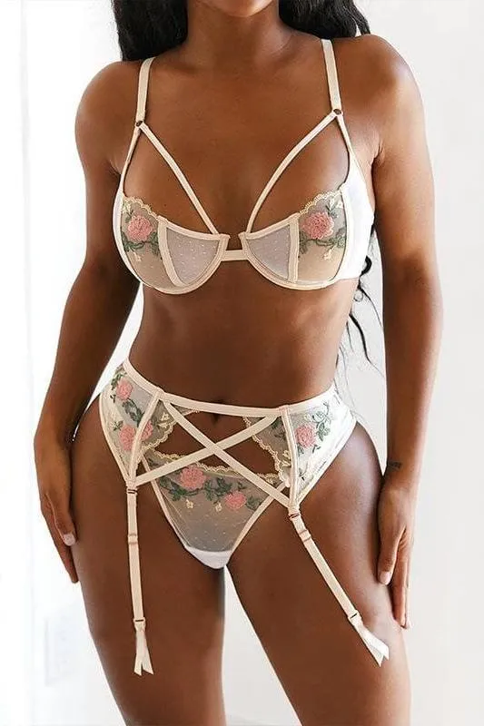 three piece sets suspender embroidered lingerie