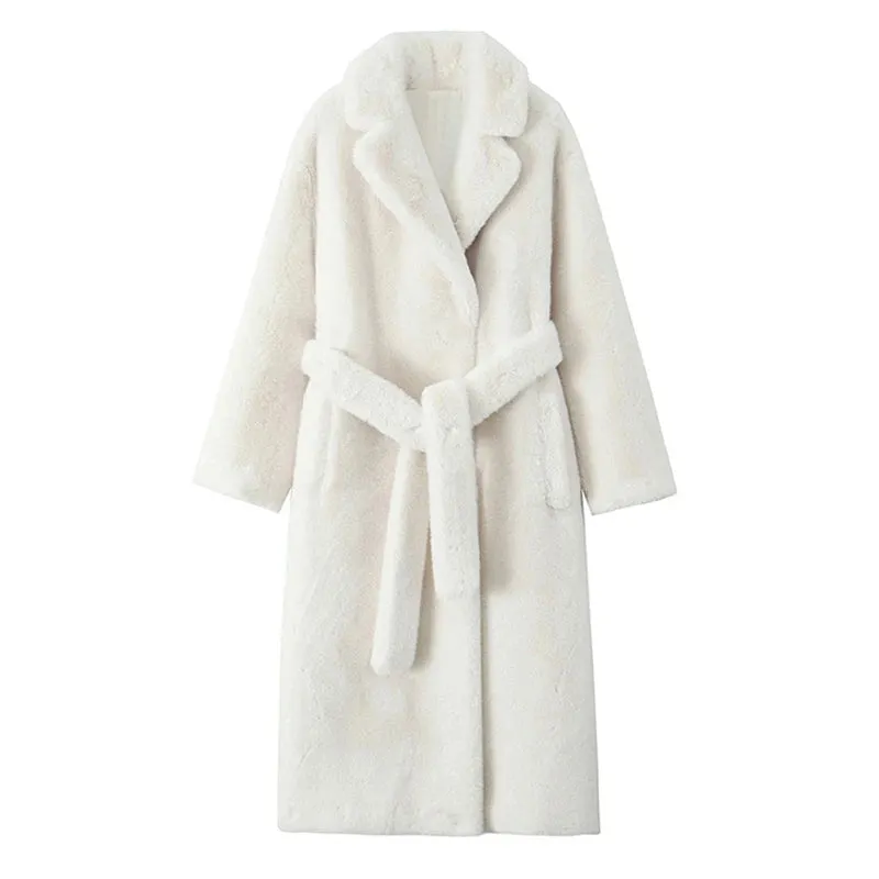 TRAFZA Winter Mode Frauen Warme Mantel Weiß Drehen-unten Kragen Langarm Taschen Gürtel Dekoration Weibliche High Street Lange mäntel