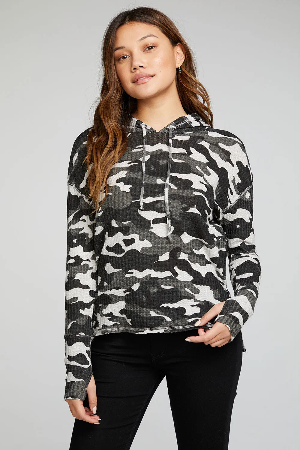 Vintage Thermal Long Sleeve Drop Shoulder Hi Lo Pullover Hoodie